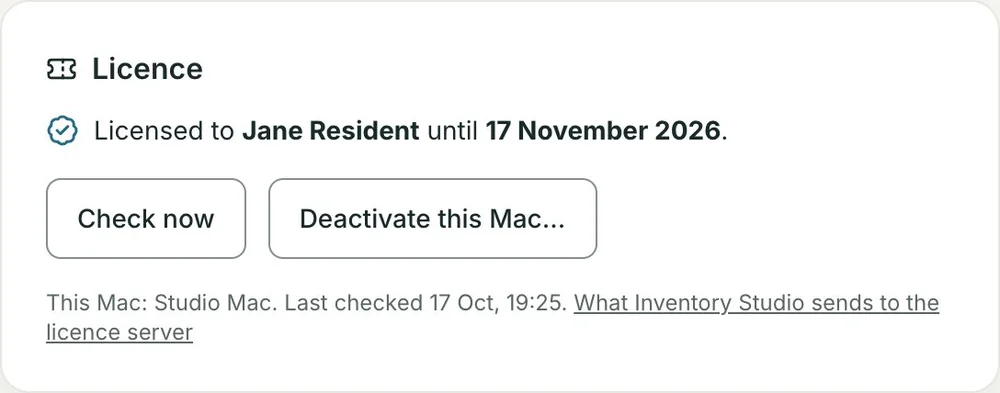 The Licence card on the admin page, saying this Mac is licensed and until when.