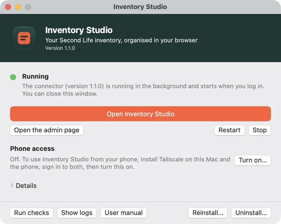 The Inventory Studio app on a Mac, saying the connector is running.