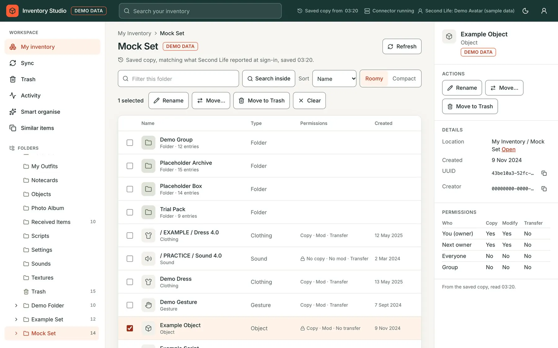 Inventory Studio in a browser: a folder tree on the left, the contents of a folder in the middle and its details on the right.