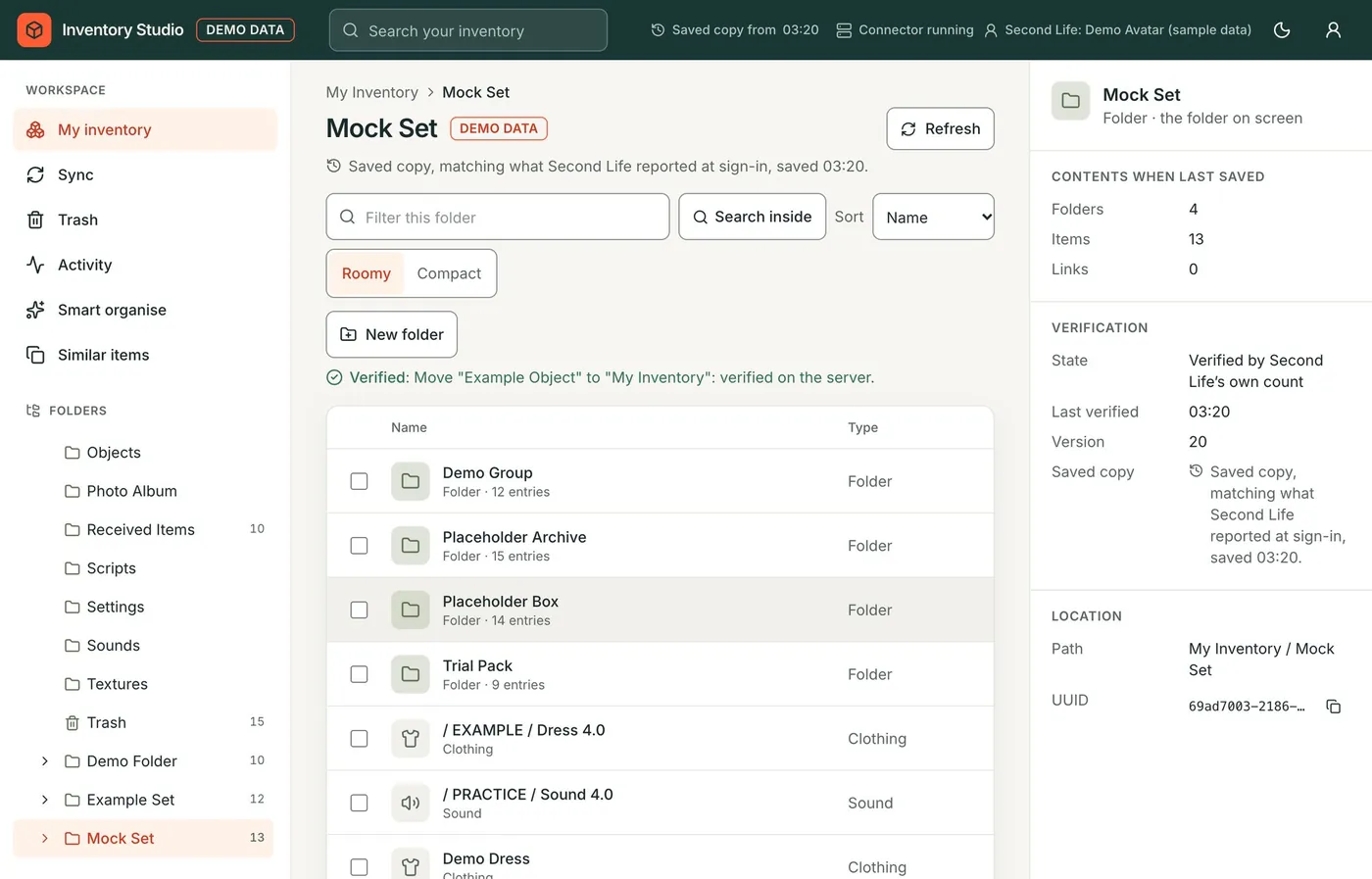 A folder showing 'Verified: Move Example Object to My Inventory: verified on the server.'
