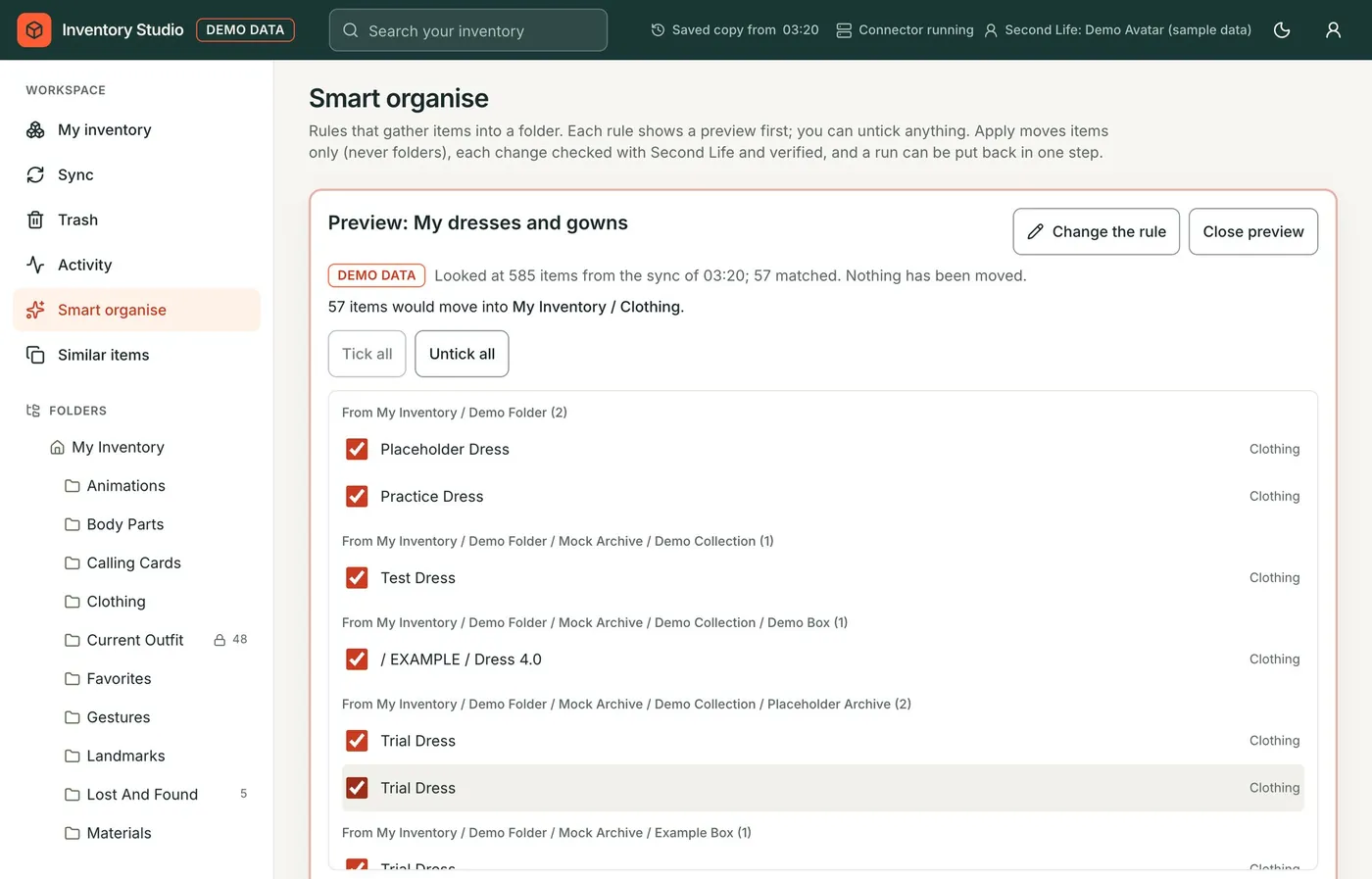 A Smart organise preview: 57 dresses that would move into My Inventory / Clothing, each with a tick box.