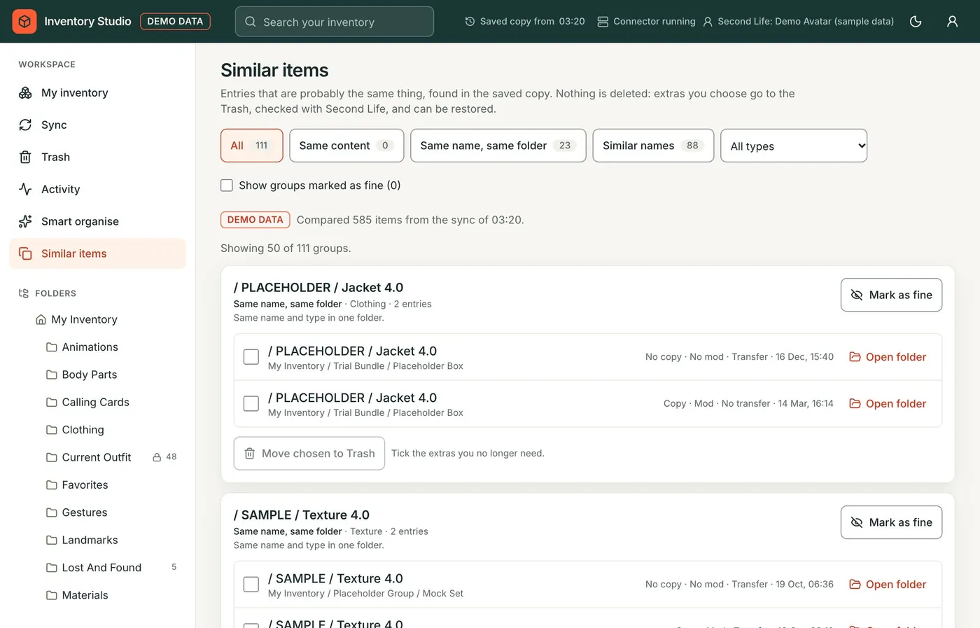 The Similar items page, listing groups of probable duplicates.