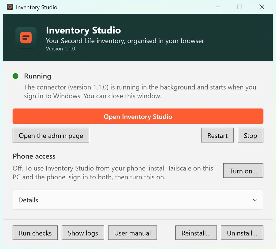 The Inventory Studio app on Windows, saying the connector is running.